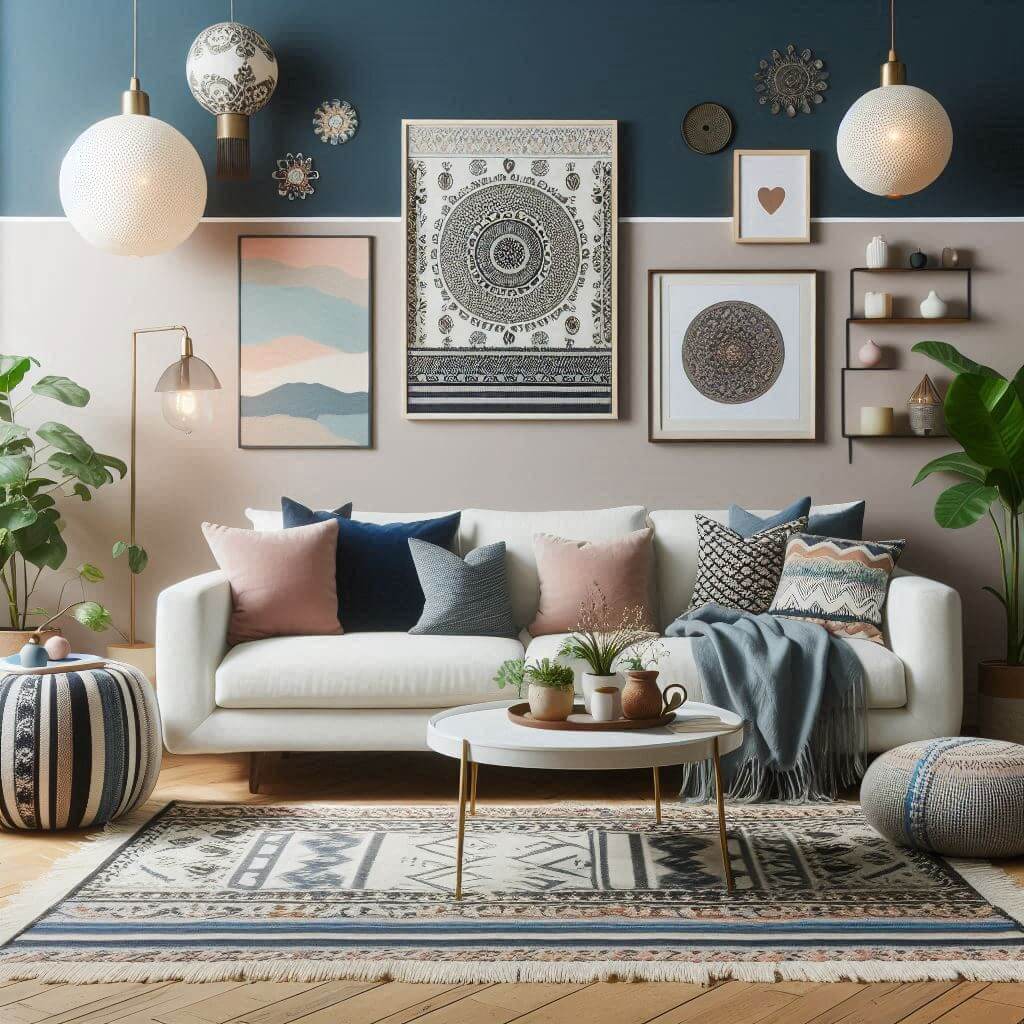 Modern Boho Living Room with Blue and White