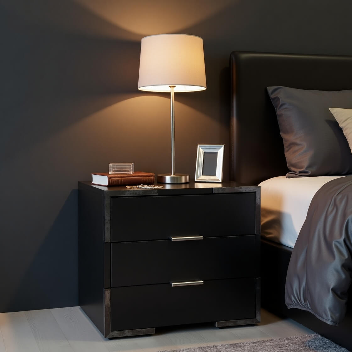 A nightstand painted matte black with distressed silver accents, topped with a modern lamp and stylish accessories, beside a contemporary bed.