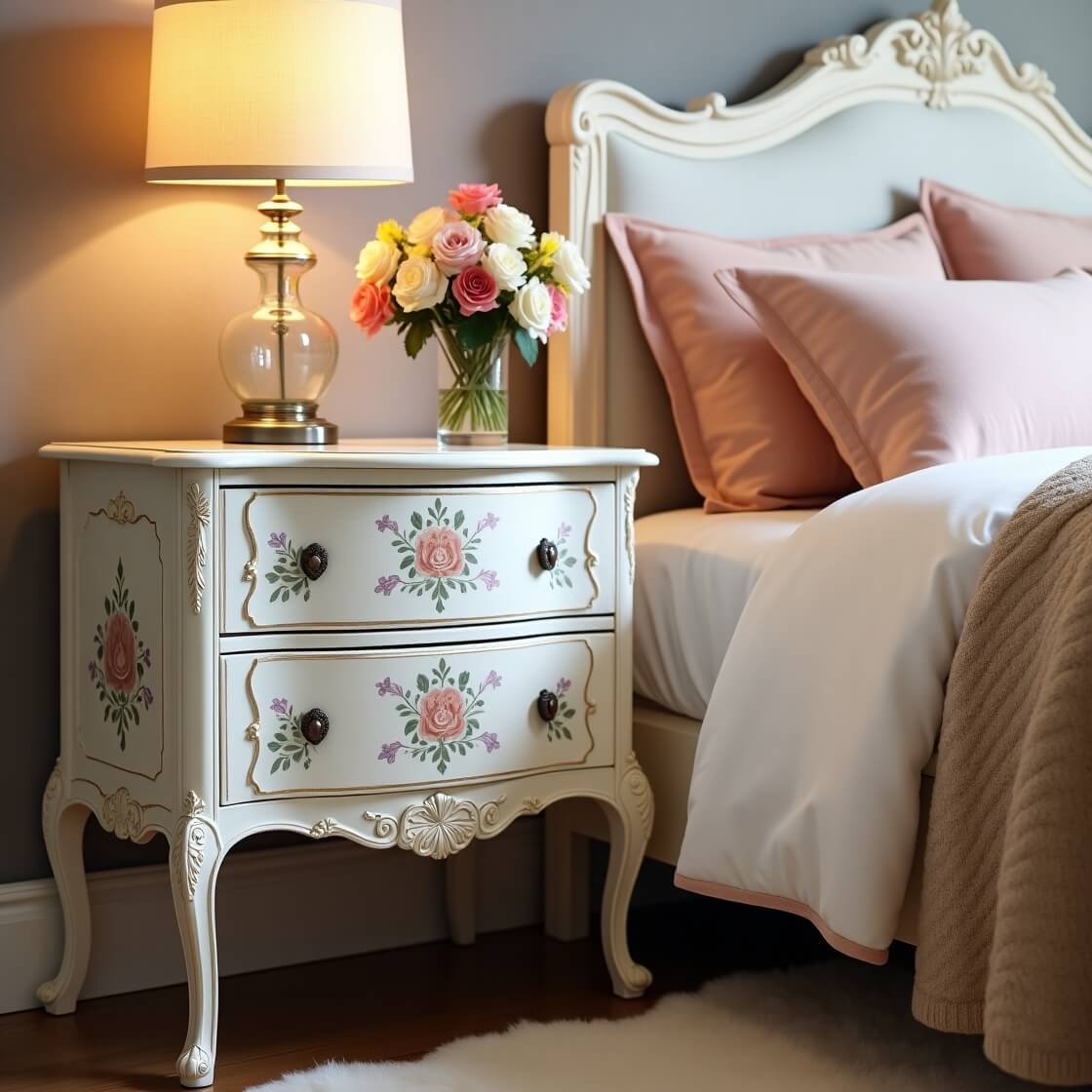 A vintage nightstand with a hand-painted floral design