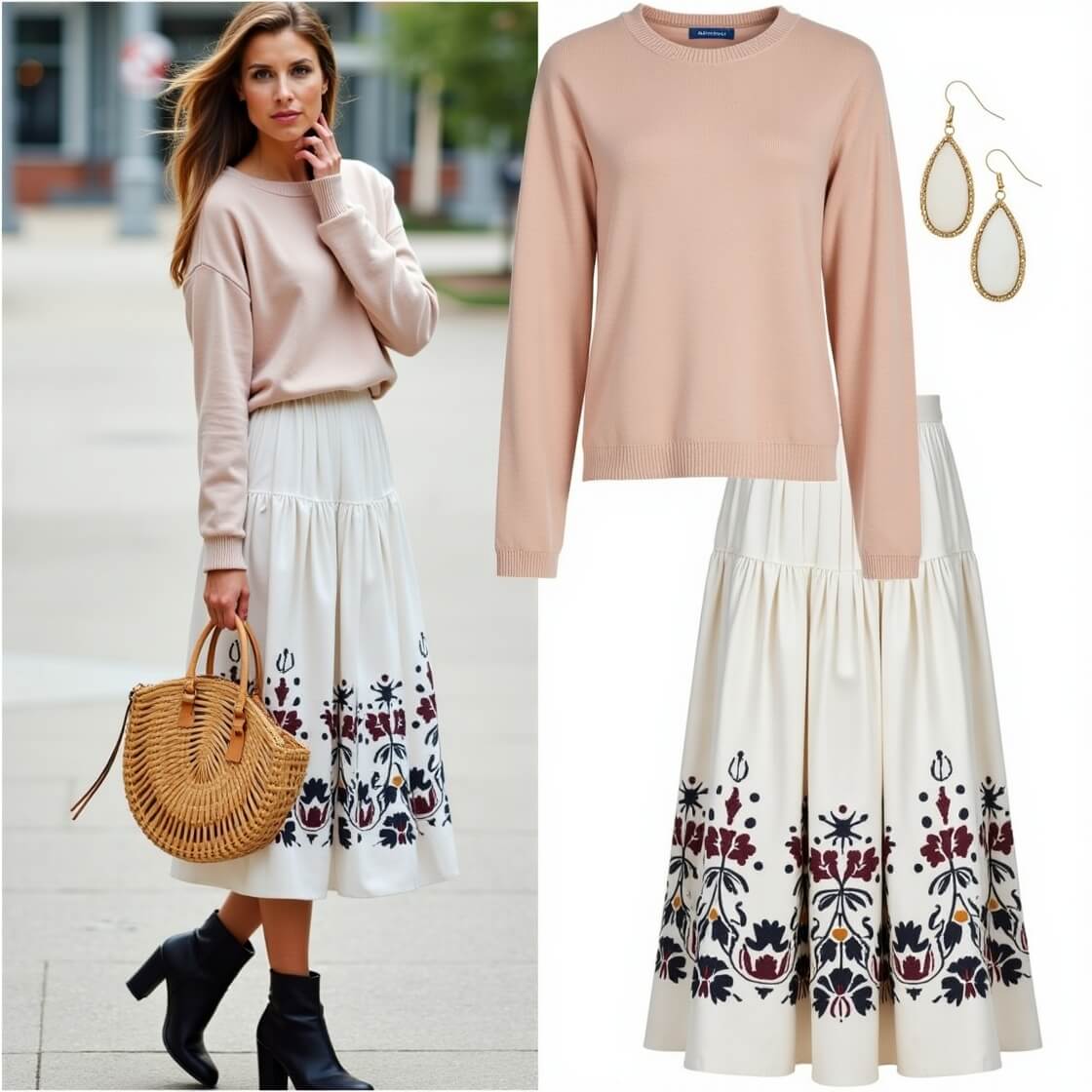 Embroidered Midi Skirt + Sweater