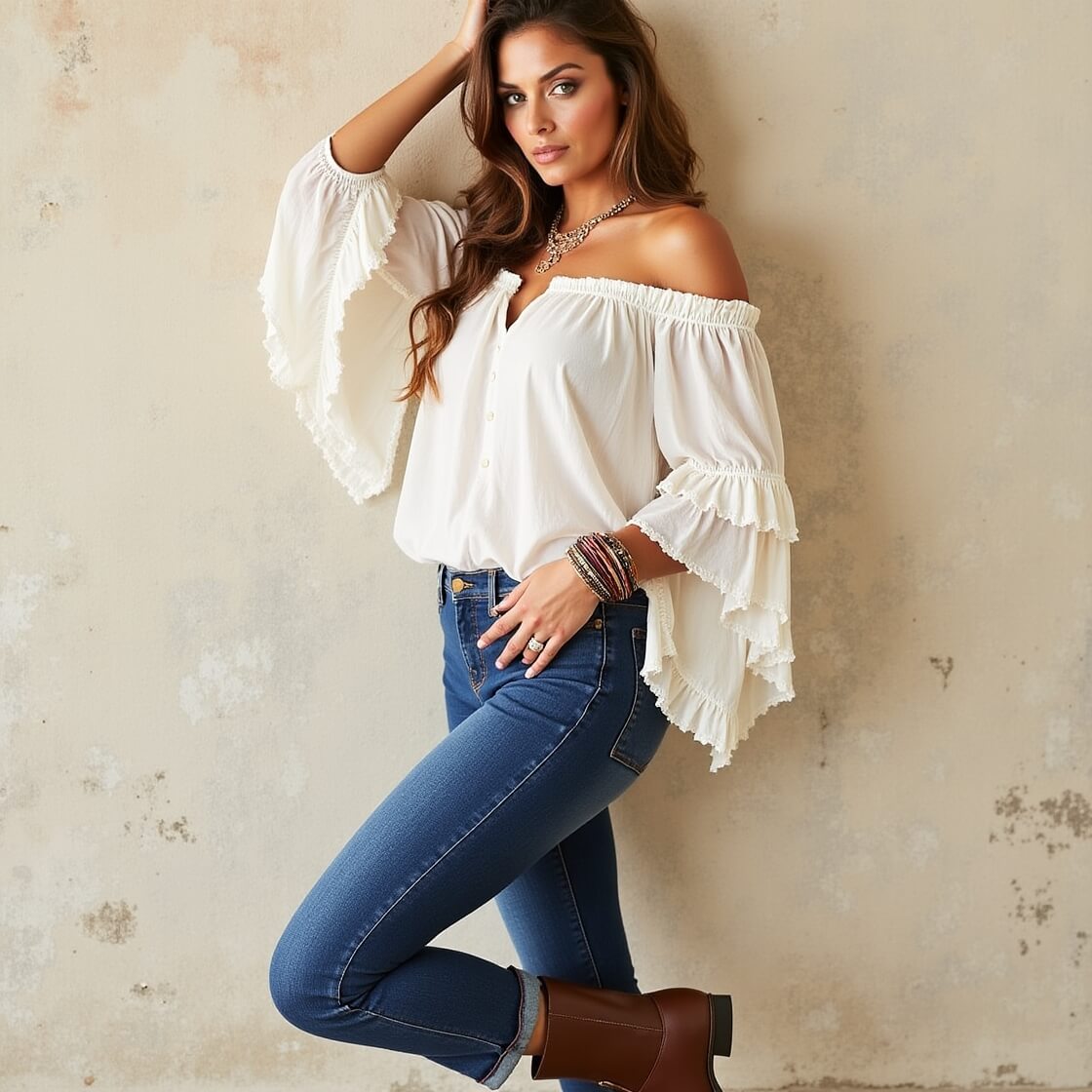 Ruffled Peasant Blouse + High-Waisted Jeans