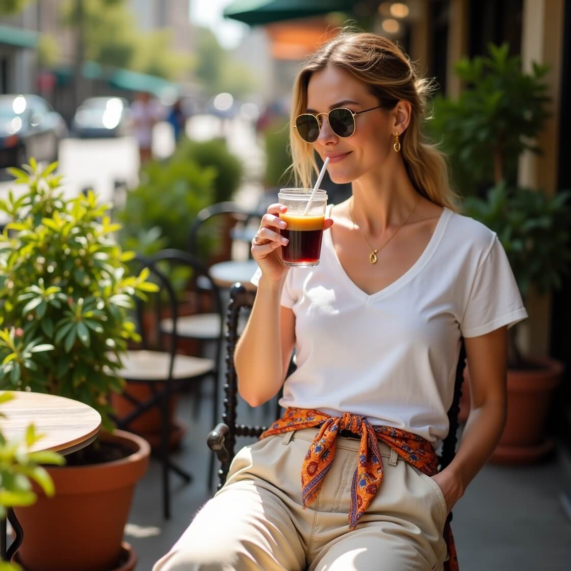White Tee + Linen Pants + Fun Scarf